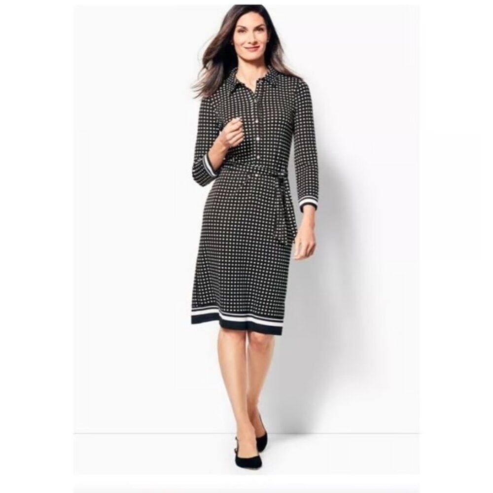 Talbots Polka‎ Dot Shirt Dress Black Belted 3/4 Sleeve Stretch Workwear Medium